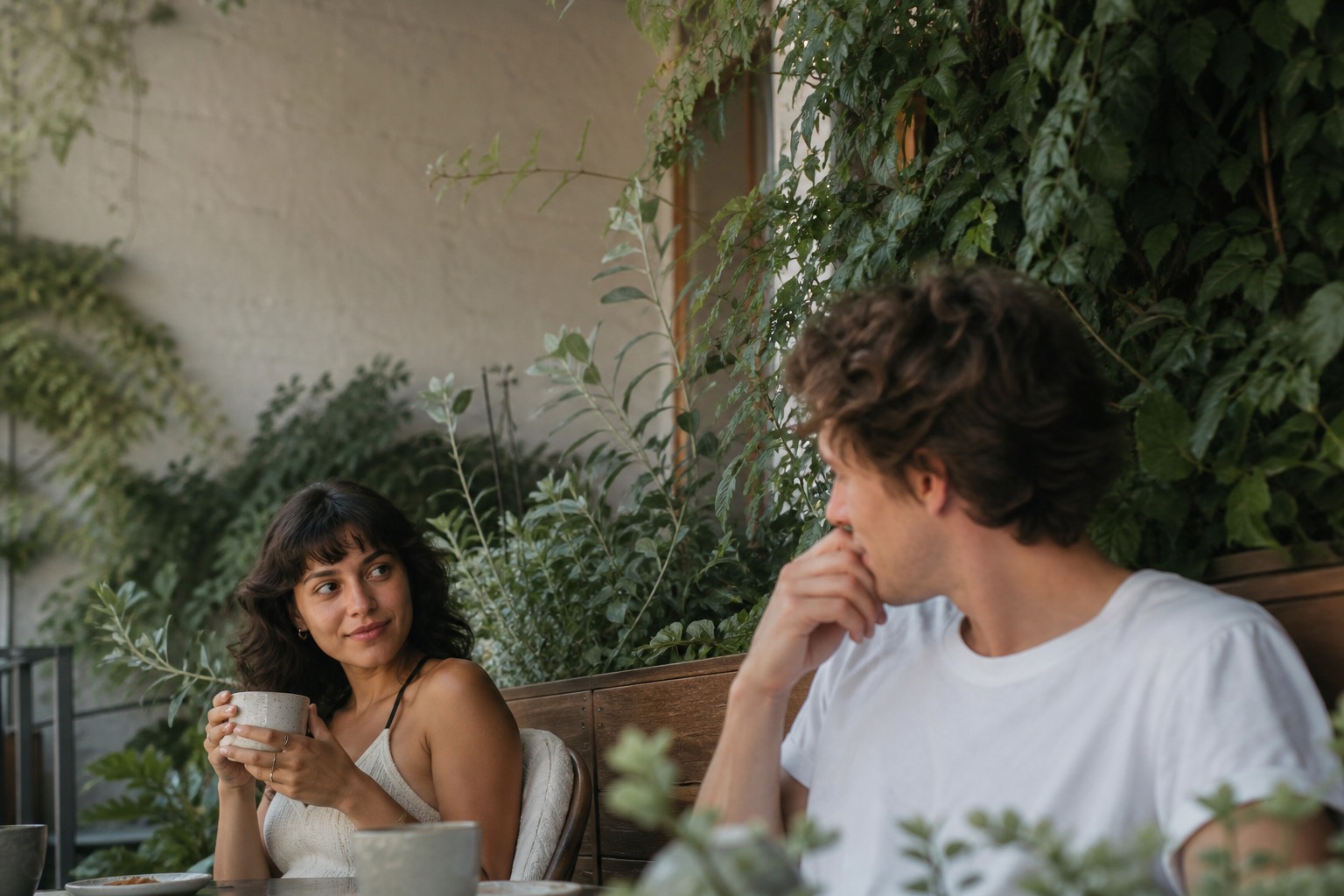 Two people at neighboring café tables, one glancing over